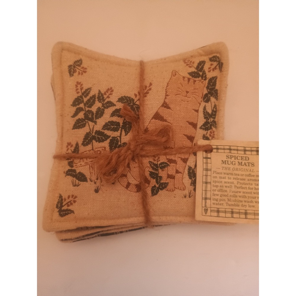 Alice's Cottage Spiced Mug Mats Coaster Set of 4 Primitive Country Cat Design